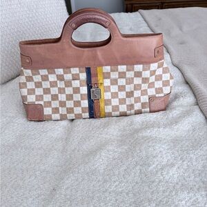 L.A.M.B. Tan and Cream Tote with Blue and Yellow Accents